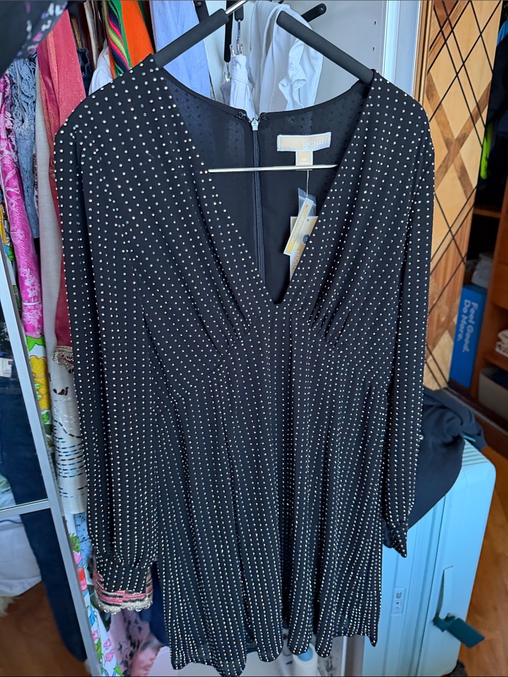 Michael Kors Black Polka Dot V-Neck Long Sleeve Mini Dress